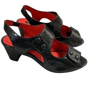 Maccari Black Leather Snake Print Patent Leather Sandals, New in Box, Size 40